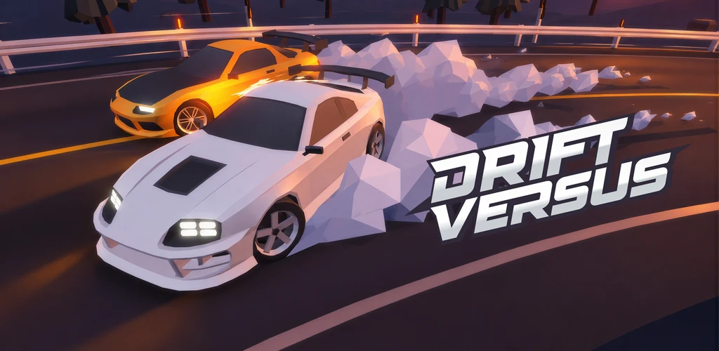Two cars drifting side by side through a mountain corner, with the Drift Versus logo