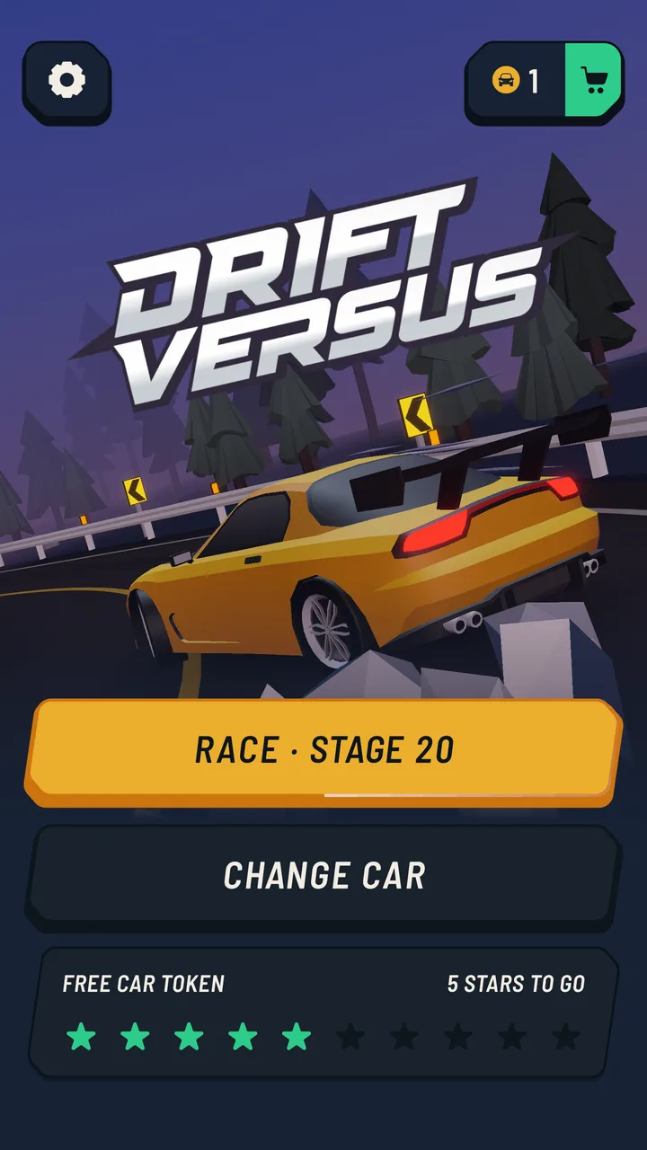The home screen with the Drift Versus logo and a yellow car