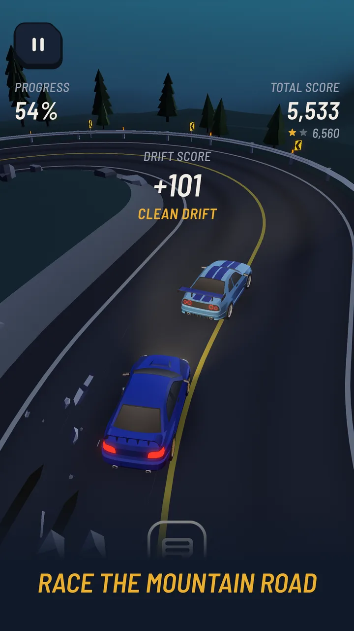 Two cars chasing down a winding mountain road at night