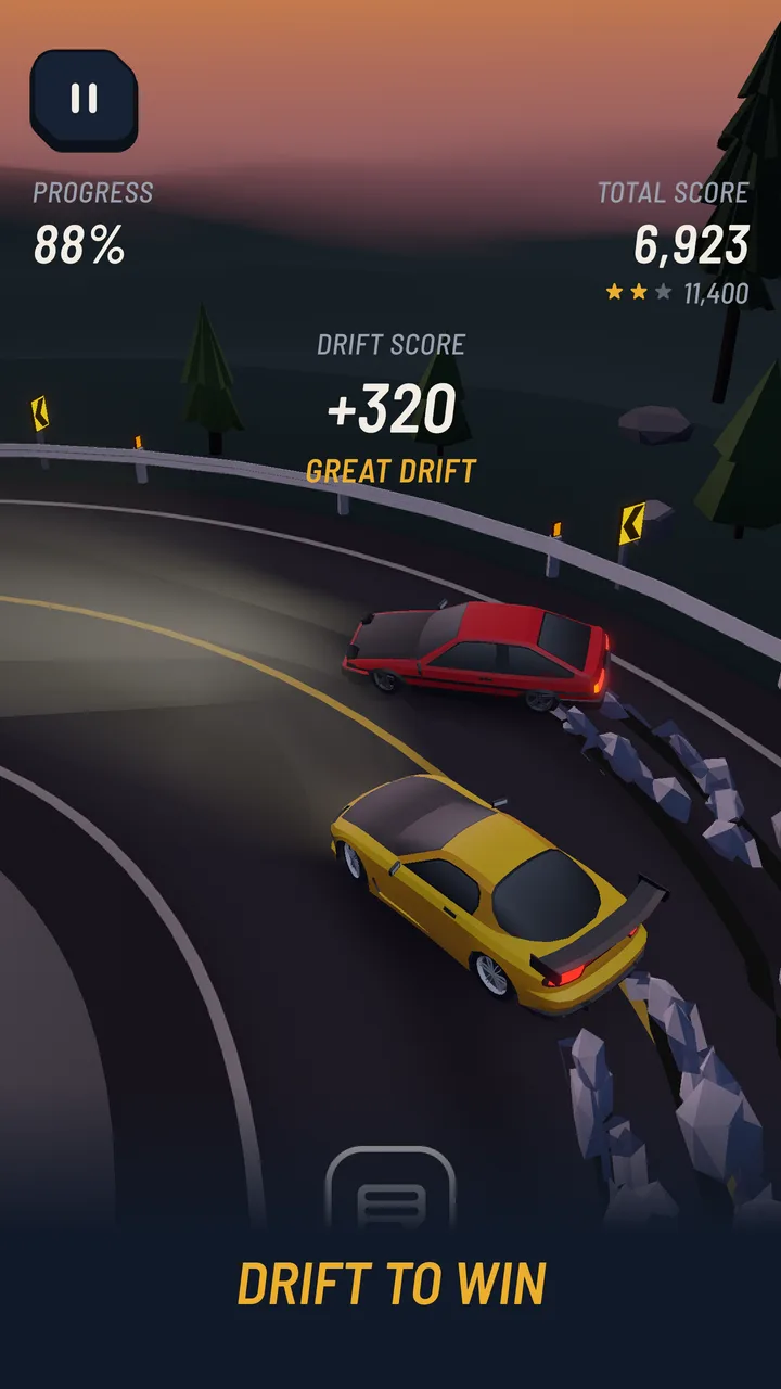 Drifting a yellow car past a rival on a mountain corner, drift score +320