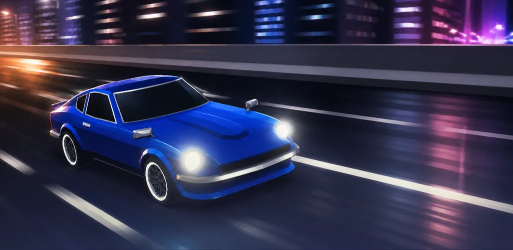 A blue coupe racing down a night highway past city lights
