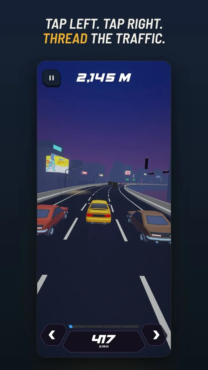 A yellow car threading between two lanes of traffic on a night highway, 2,145 m