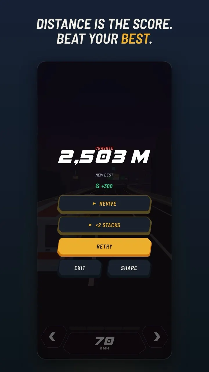The end-of-run card showing a new best distance